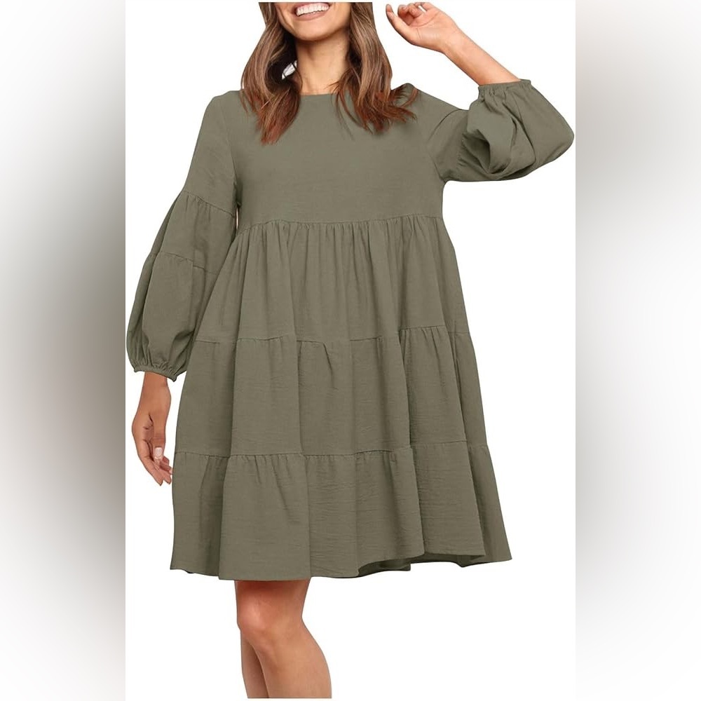 Miss Sparkling Olive Green Tiered Mini Dress XL Babydoll Boho Long Sleeve